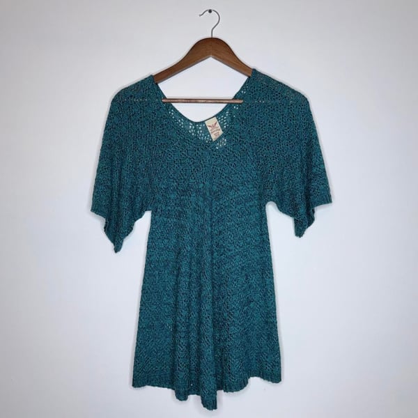 Faded Glory Crochet Tunic Top Size S/CH 4-6 Teal Blue Open Knit Boho