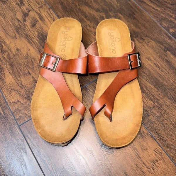 Yokono Brown Leather Sandals Size 9 Toe-Loop Cork Wedge Slide