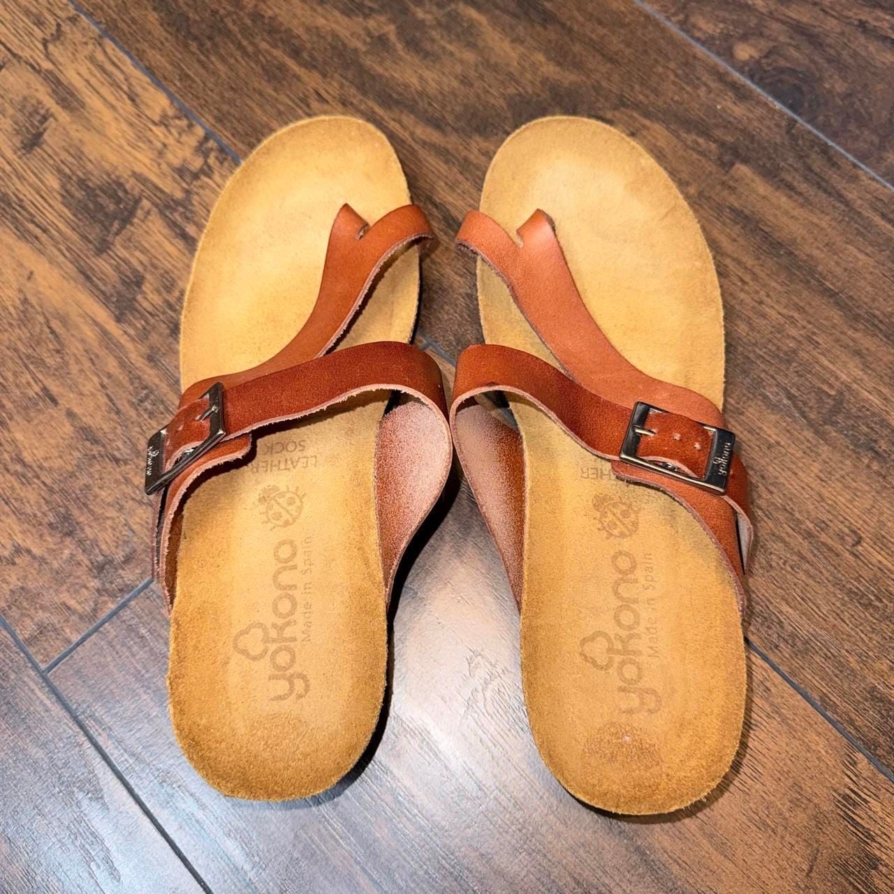 Yokono Brown Leather Sandals Size 9 Toe-Loop Cork Wedge Slide 3