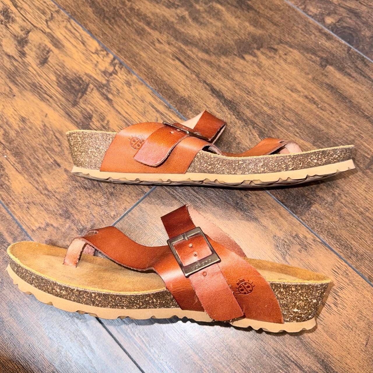 Yokono Brown Leather Sandals Size 9 Toe-Loop Cork Wedge Slide 5