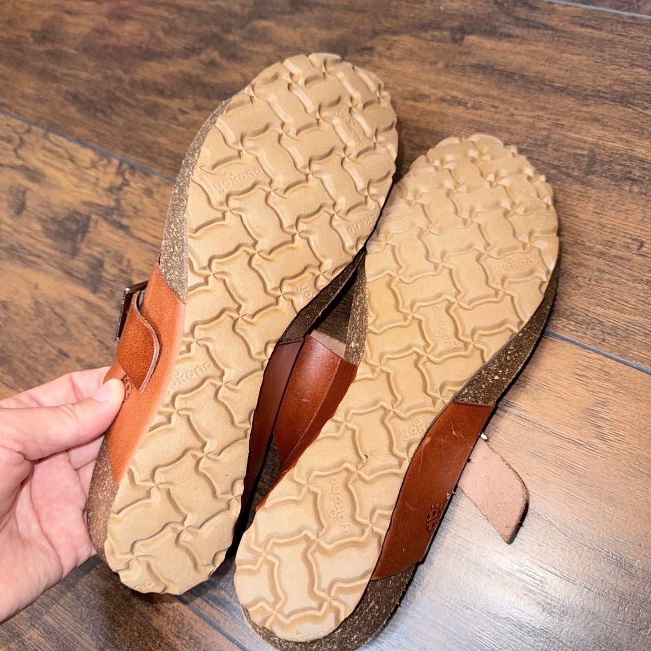 Yokono Brown Leather Sandals Size 9 Toe-Loop Cork Wedge Slide 6
