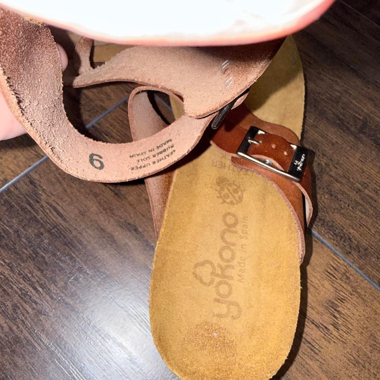 Yokono Brown Leather Sandals Size 9 Toe-Loop Cork Wedge Slide 7