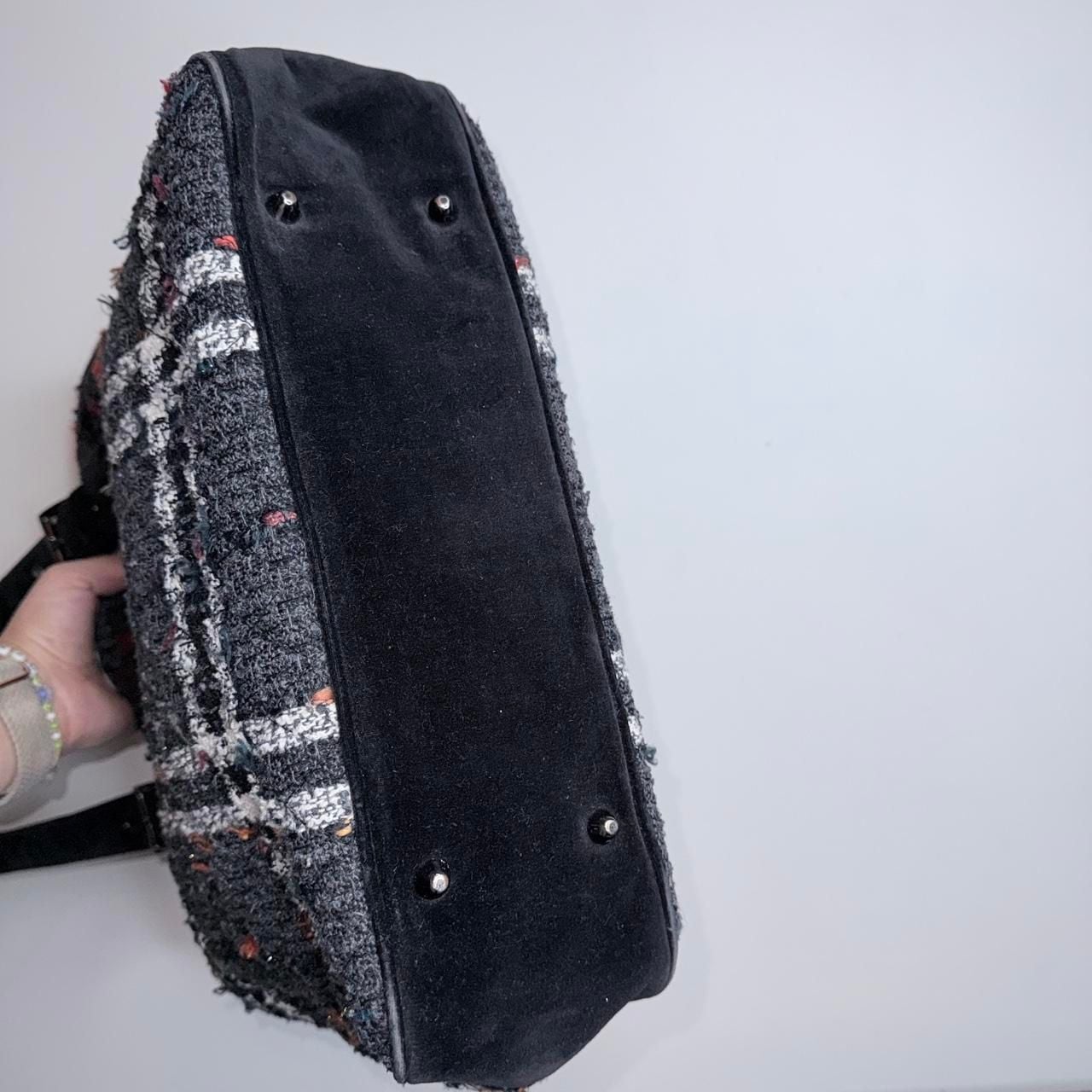 Vera Bradley Tweed Plaid Tote Bag Black White Suede Trim 7