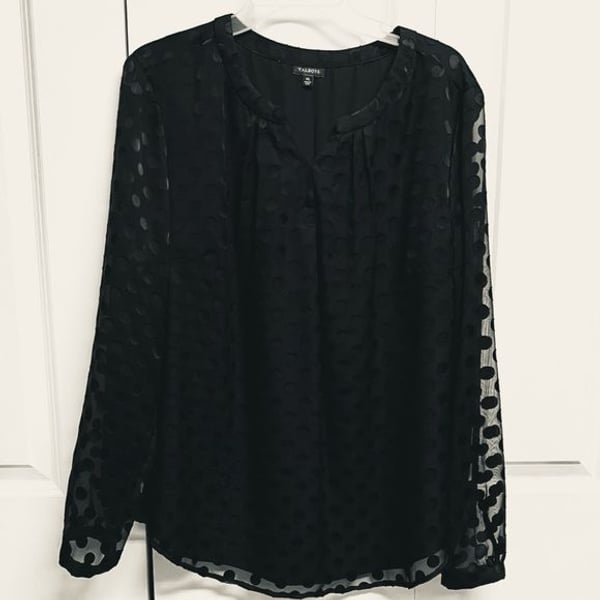 Talbots Black Dot-Texture Sheer Long-Sleeve Blouse Size XL