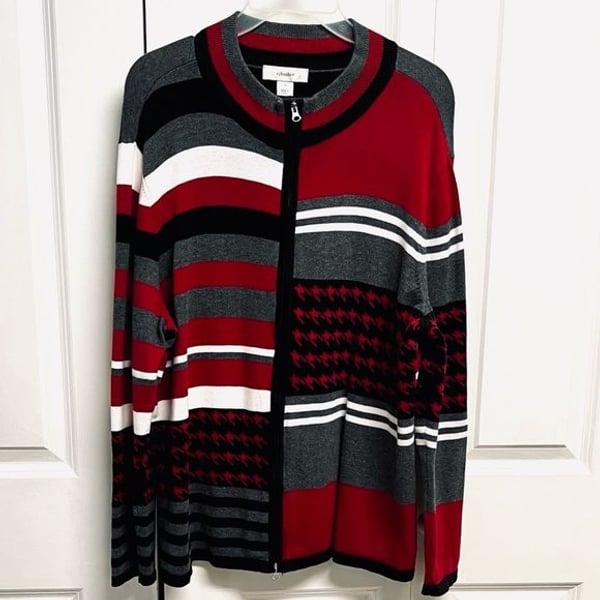 Croft & Barrow Red, Black, Gray & White Zip-Up Cardigan Sweater Plus Size 1X