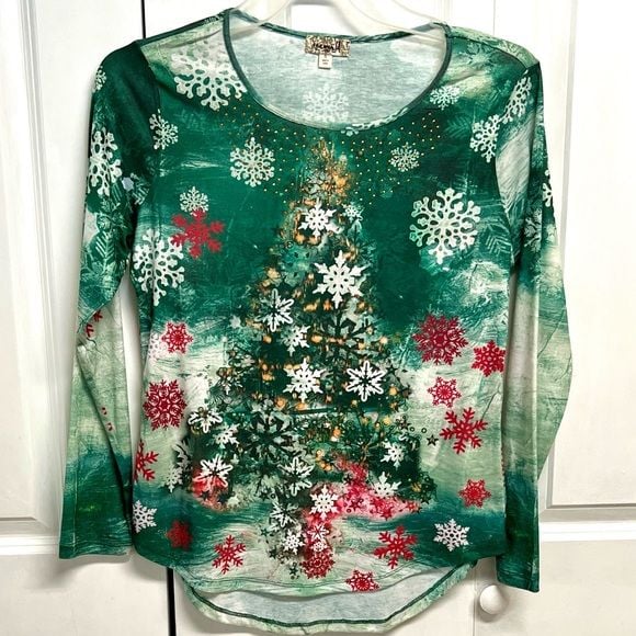 ONE WORLD Green Long-Sleeve Holiday Tree Top with Red & White Snowflakes Size S 2