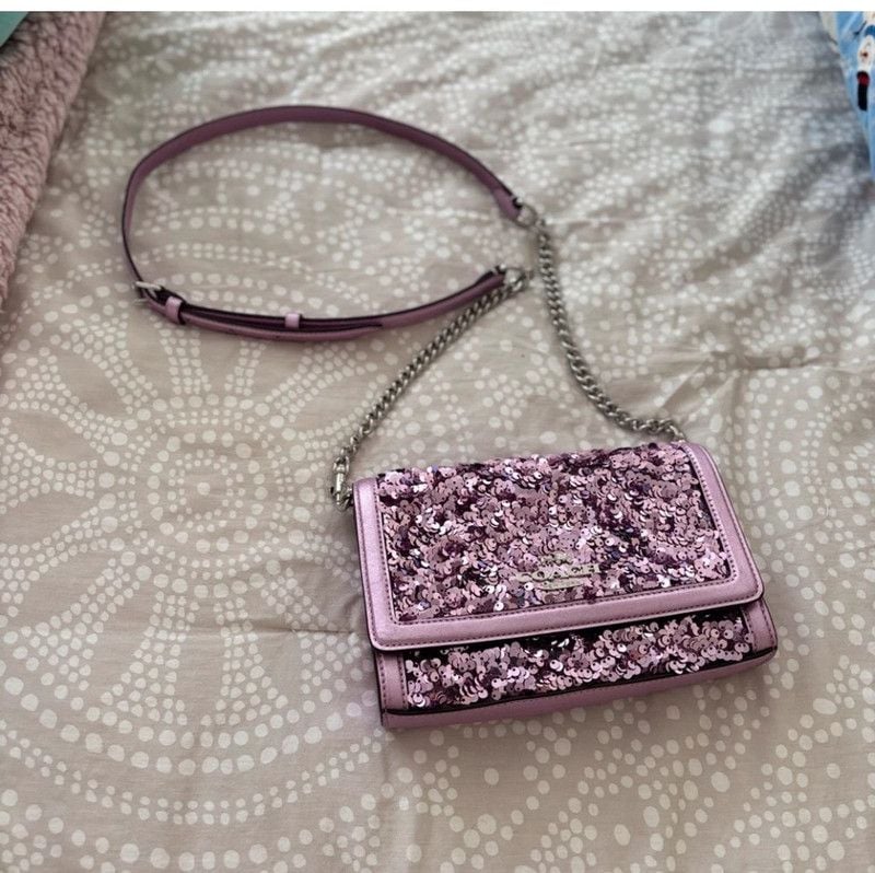 Coach sequined purple/lilac Flap Clutch Crossbody NWT 4