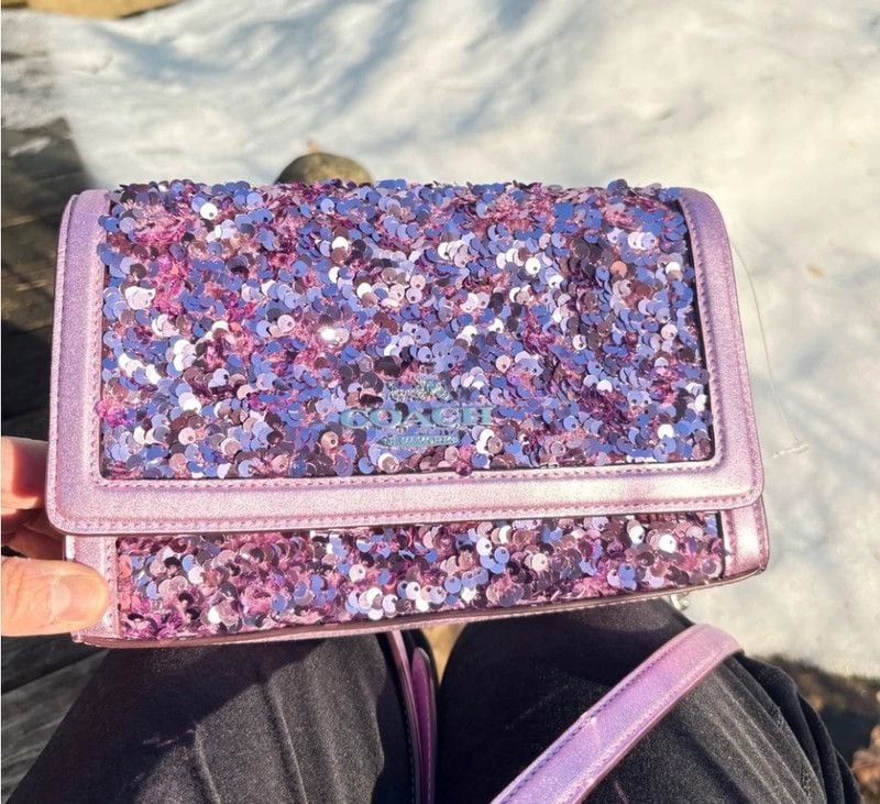 Coach sequined purple/lilac Flap Clutch Crossbody NWT 5