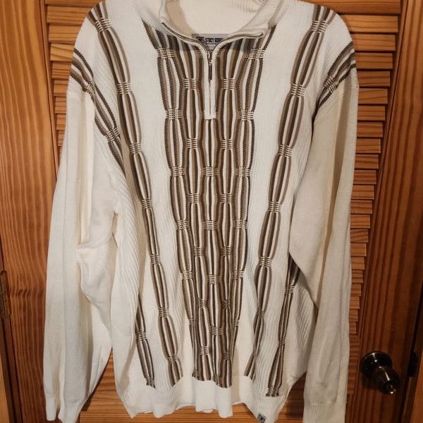 • Stacy Adams 2XLT Cream & Earthtone Jacquard Textured 1/4 Zip Pullover Sweater
