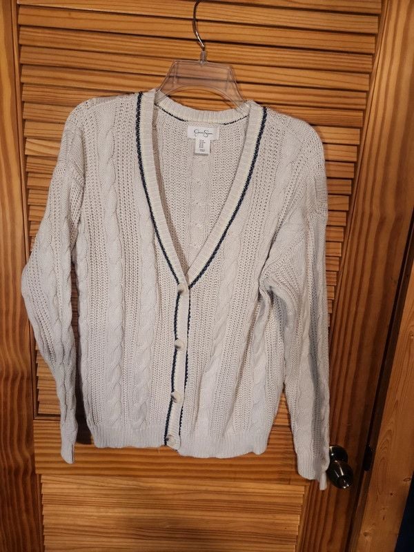 Y2k Jessica Simpson Cream Cable Knit V-Neck Cardigan Sweater Navy Trim Medium 2