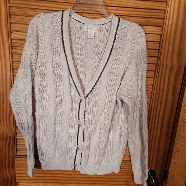 Y2k Jessica Simpson Cream Cable Knit V-Neck Cardigan Sweater Navy Trim Medium