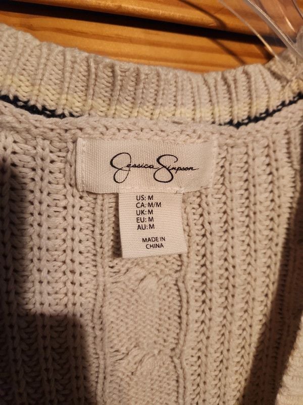 Y2k Jessica Simpson Cream Cable Knit V-Neck Cardigan Sweater Navy Trim Medium 3