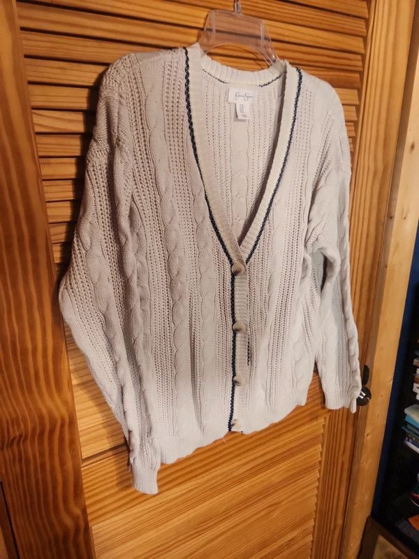 Y2k Jessica Simpson Cream Cable Knit V-Neck Cardigan Sweater Navy Trim Medium 4