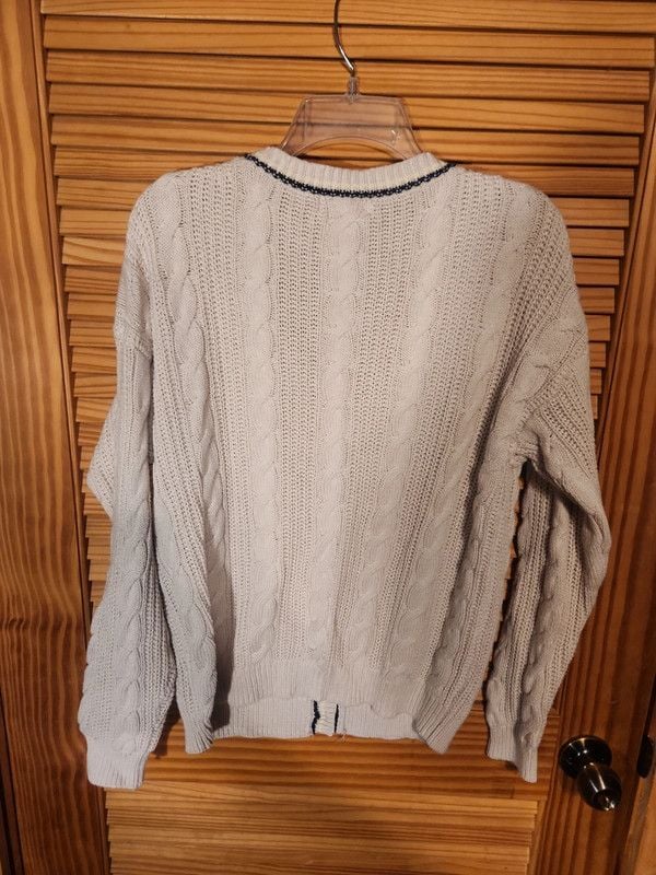 Y2k Jessica Simpson Cream Cable Knit V-Neck Cardigan Sweater Navy Trim Medium 5