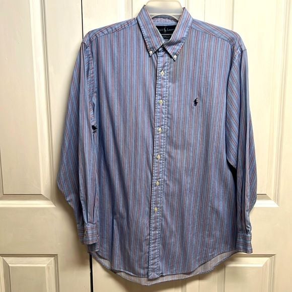Ralph Lauren Yarmouth Blue Red Striped Long Sleeve Logo Dress Shirt Size 16.50 2
