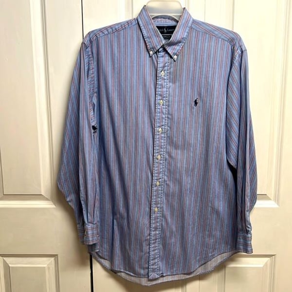 Ralph Lauren Yarmouth Blue Red Striped Long Sleeve Logo Dress Shirt Size 16.50