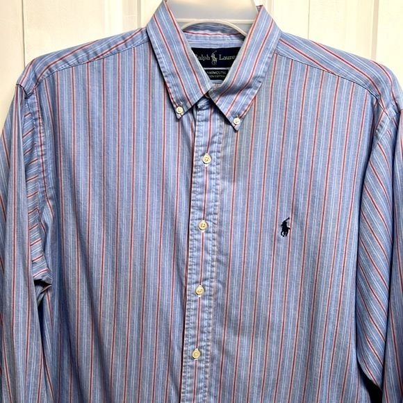 Ralph Lauren Yarmouth Blue Red Striped Long Sleeve Logo Dress Shirt Size 16.50 3
