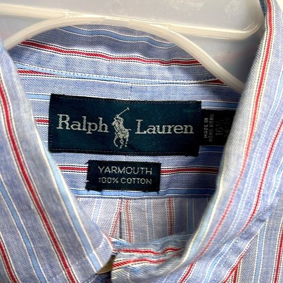 Ralph Lauren Yarmouth Blue Red Striped Long Sleeve Logo Dress Shirt Size 16.50 5