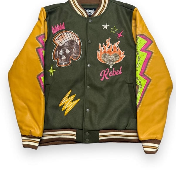 Rebel Minds Varsity Jacket Size L Green Yellow Rhinestone Patches