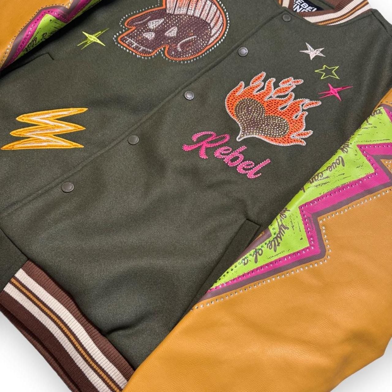 Rebel Minds Varsity Jacket Size L Green Yellow Rhinestone Patches 3