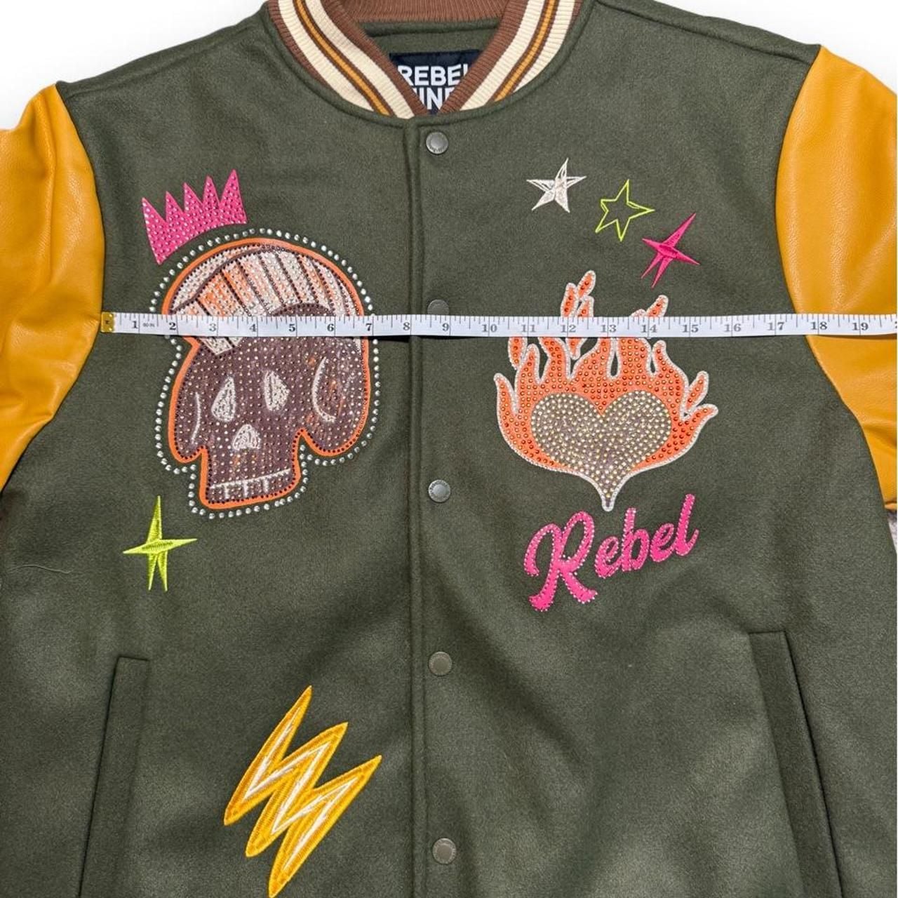 Rebel Minds Varsity Jacket Size L Green Yellow Rhinestone Patches 6