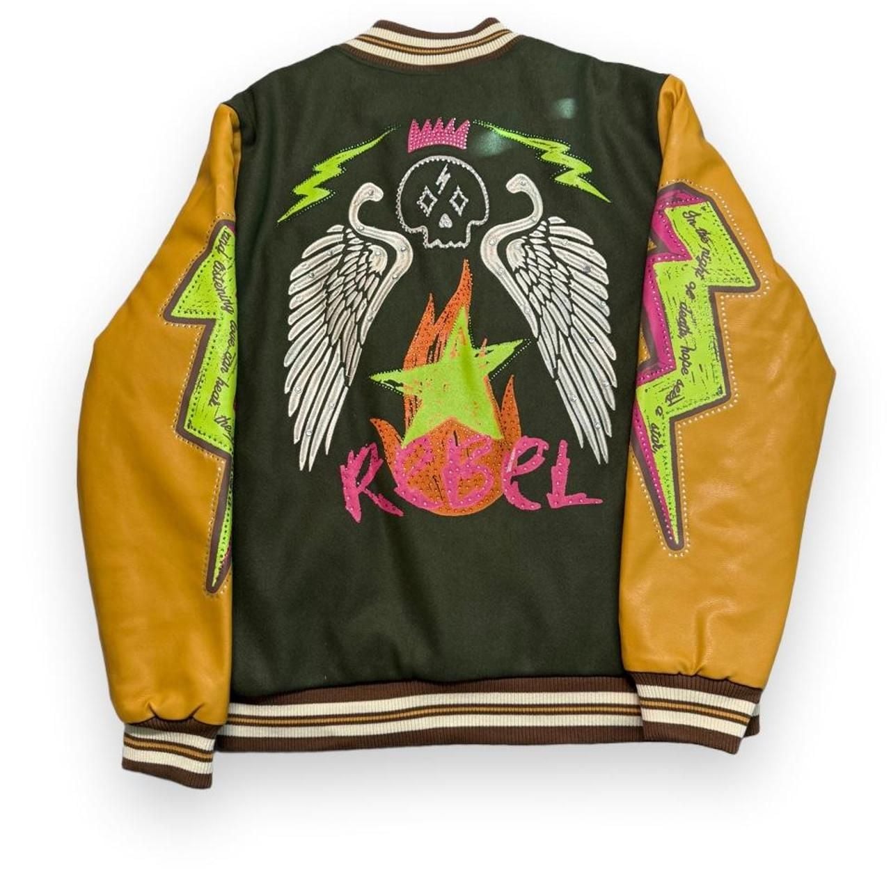 Rebel Minds Varsity Jacket Size L Green Yellow Rhinestone Patches 8