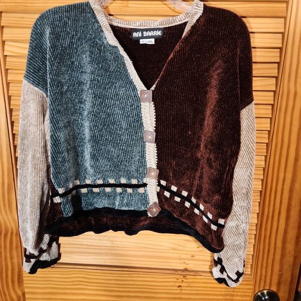Vintage 90s Ani Barrie Colorblock Corduroy-Texture Rayon Cardigan Crop Top, Small