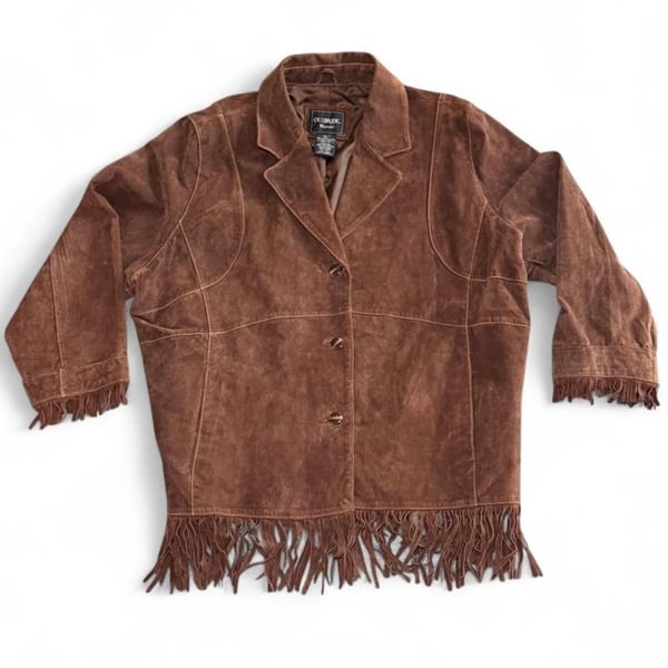 Outbrook Woman Suede Fringe Jacket Size 3X Brown Genuine Leather Western