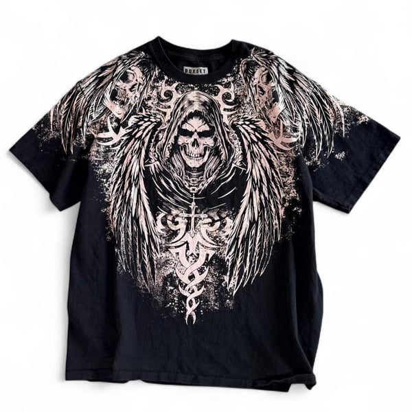 BOXSET Grim Reaper Graphic T-Shirt Large Black Y2K Skull Tribal Gothic