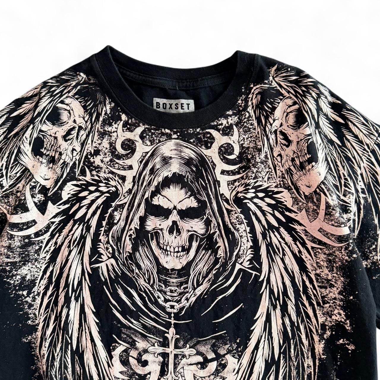 BOXSET Grim Reaper Graphic T-Shirt Large Black Y2K Skull Tribal Gothic 3