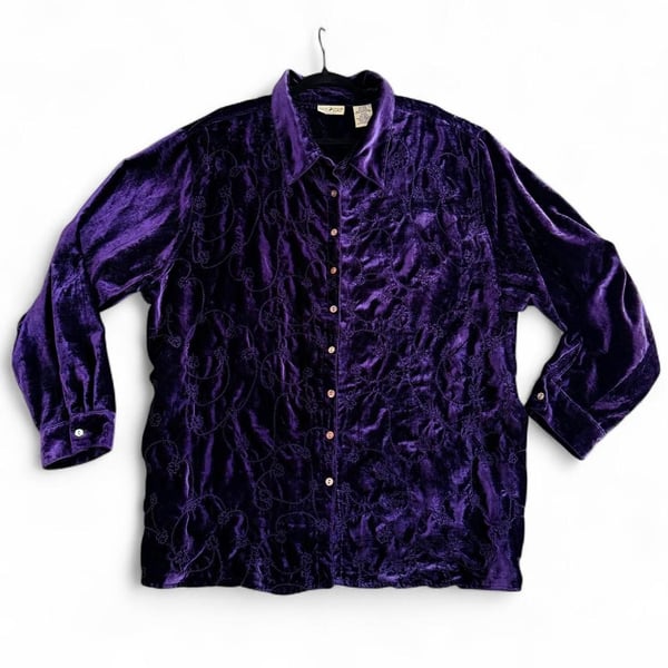 White Stag Velvet Blouse Size 26W/28W Purple Embroidered Button Down