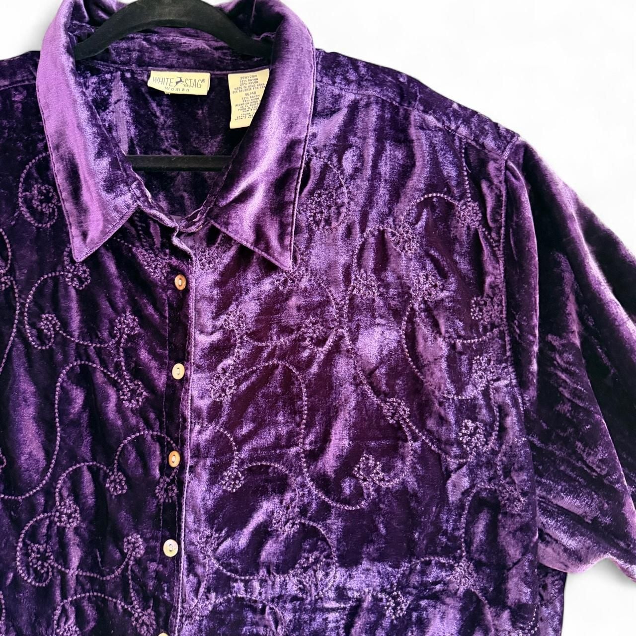 White Stag Velvet Blouse Size 26W/28W Purple Embroidered Button Down 3