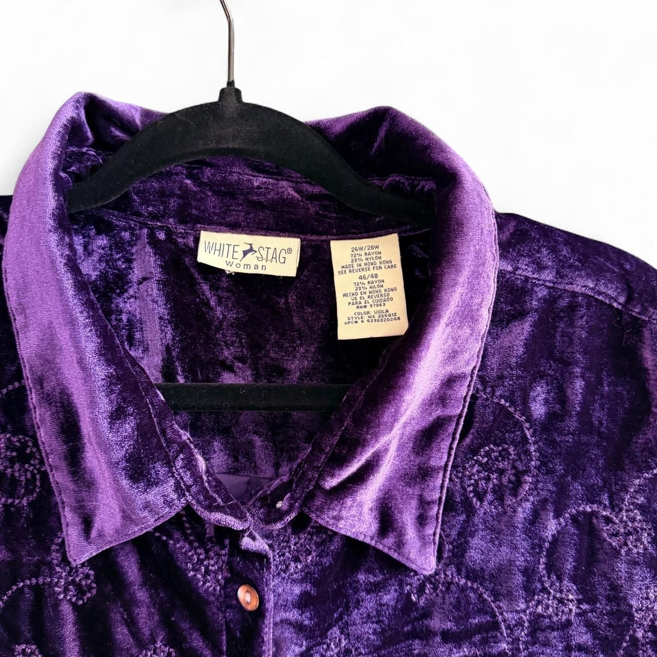 White Stag Velvet Blouse Size 26W/28W Purple Embroidered Button Down 6