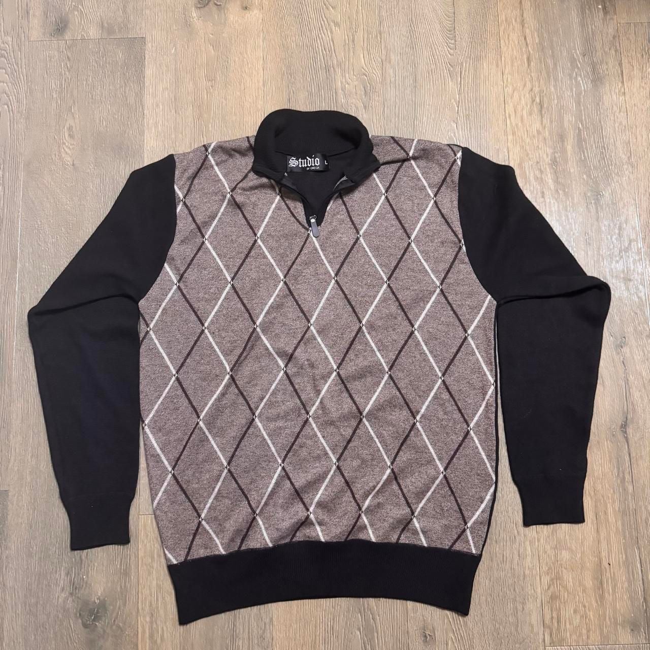 Studio by Omega Argyle Quarter-Zip Sweater Size L Brown Black Mock Neck 3