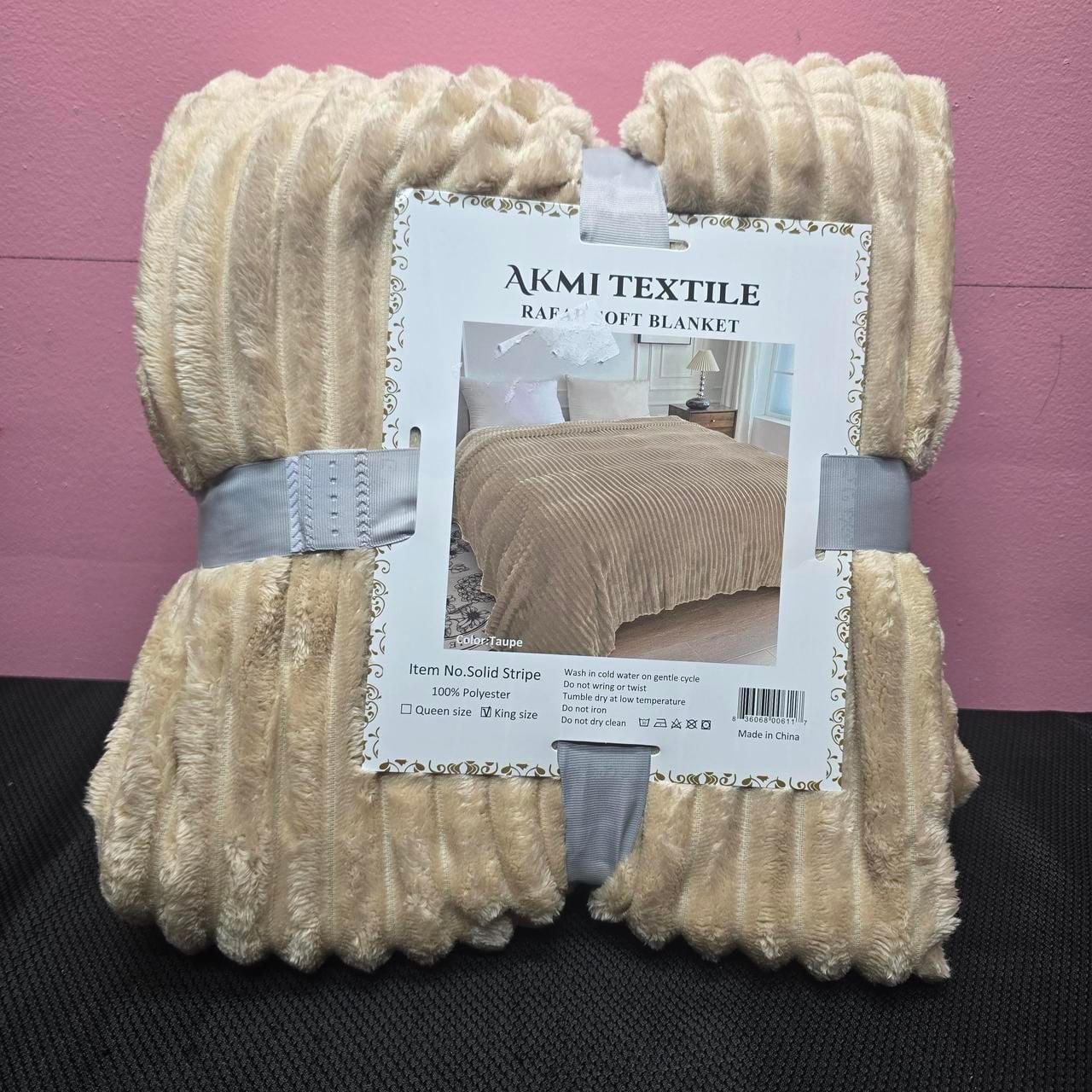 Akmi Textile Rafah Soft Blanket King Size Taupe Solid Stripe 1