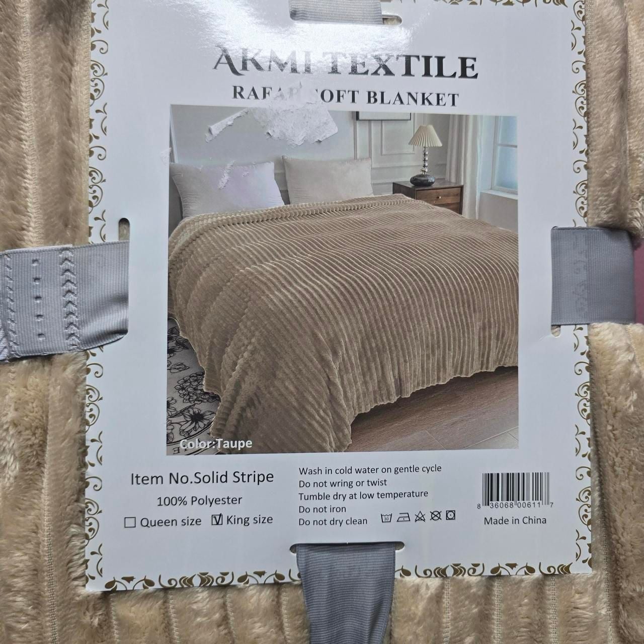 Akmi Textile Rafah Soft Blanket King Size Taupe Solid Stripe 2