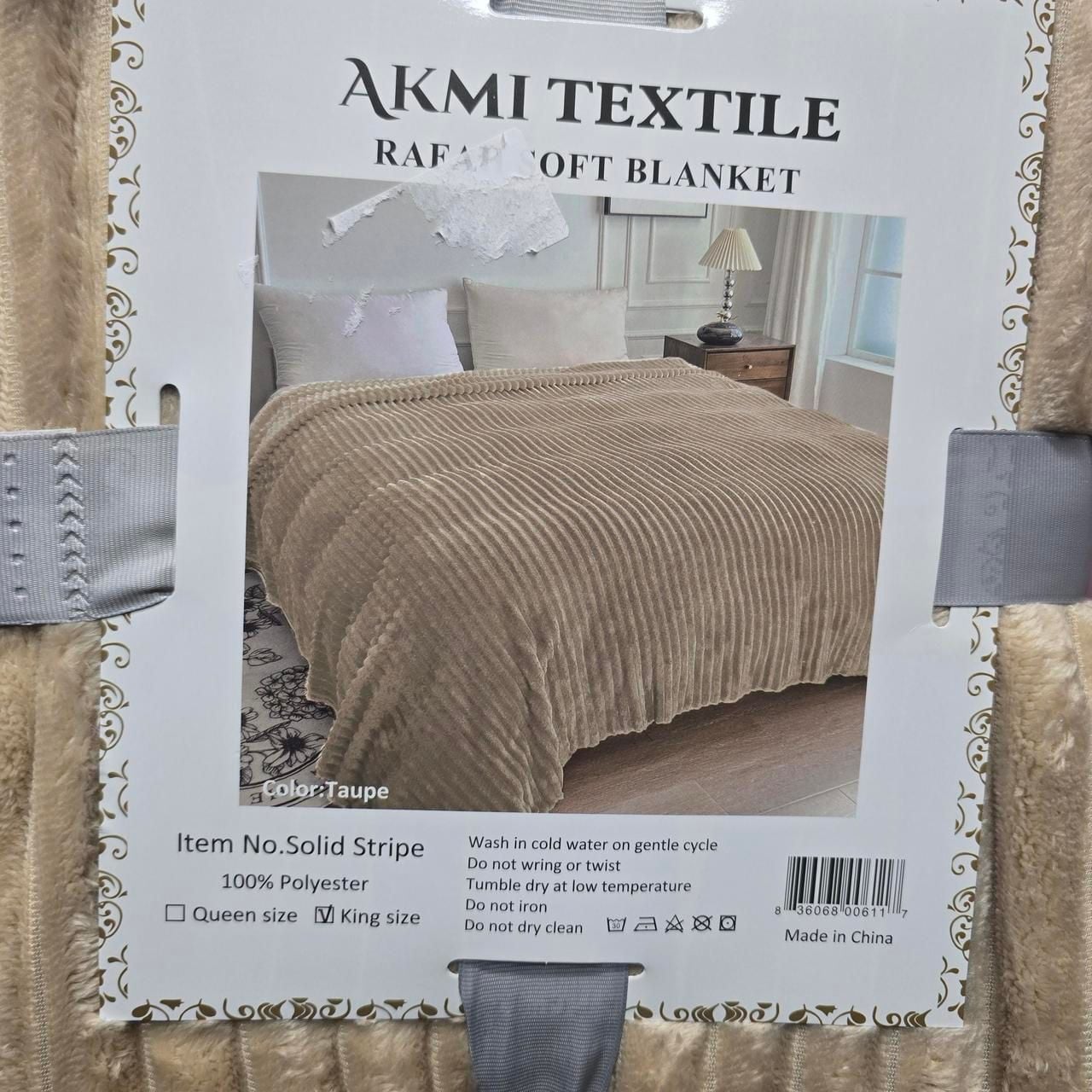 Akmi Textile Rafah Soft Blanket King Size Taupe Solid Stripe 3