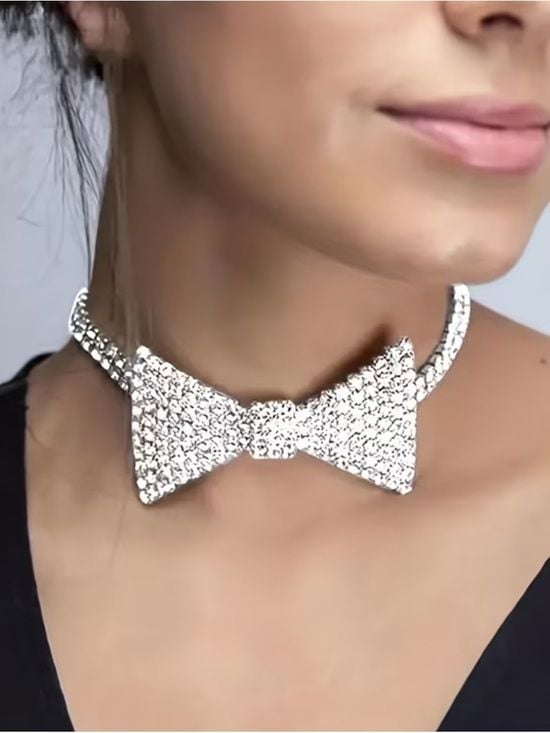 Rhinestone Bow Choker Necklace - Silver Glam 2