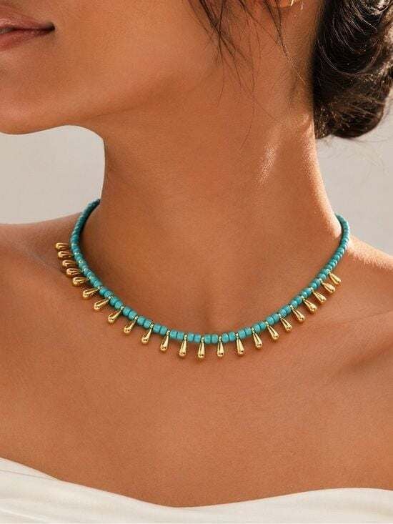 Turquoise Beaded Gold Teardrop Choker Necklace - Women Jewelry 2