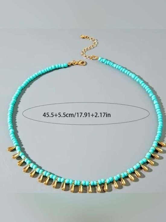 Turquoise Beaded Gold Teardrop Choker Necklace - Women Jewelry 3