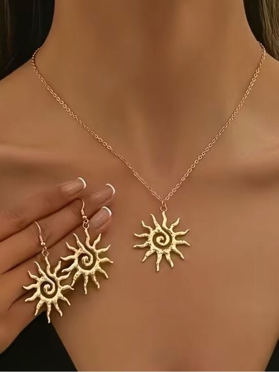 Gold Sunburst Pendant Necklace and Earring Set - Elegant Women Jewelry 1