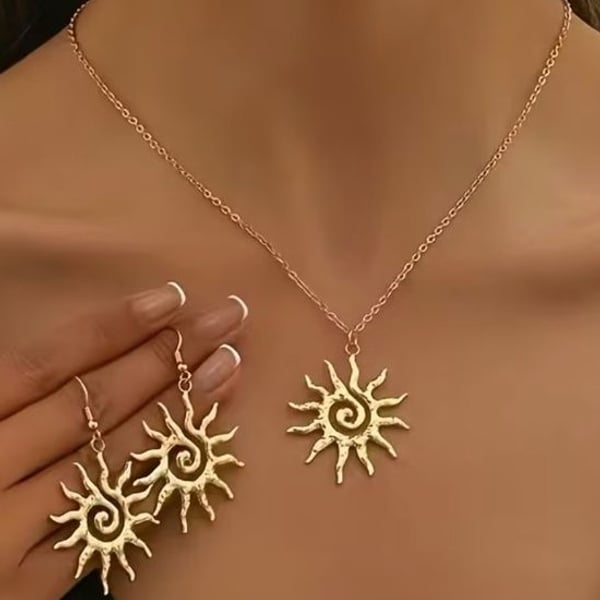 Gold Sunburst Pendant Necklace and Earring Set - Elegant Women Jewelry