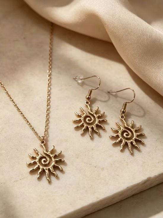 Gold Sunburst Pendant Necklace and Earring Set - Elegant Women Jewelry 2