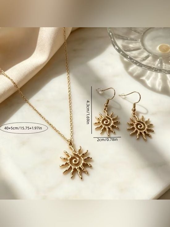 Gold Sunburst Pendant Necklace and Earring Set - Elegant Women Jewelry 3