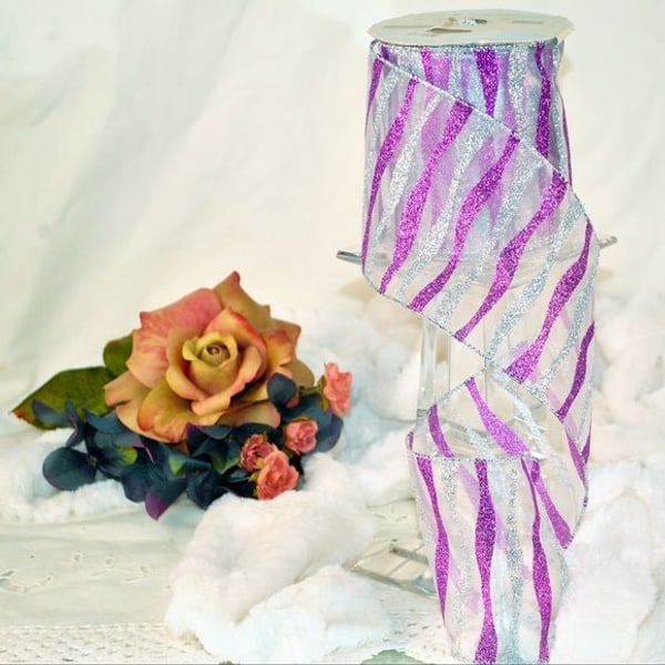 Sheer purple and silver stripe with glitter
4" x 10 yards
