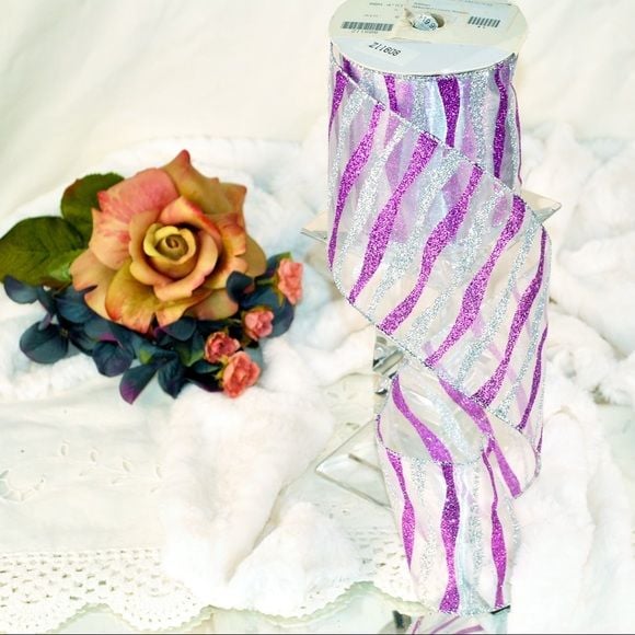 Sheer purple and silver stripe with glitter
4" x 10 yards 2