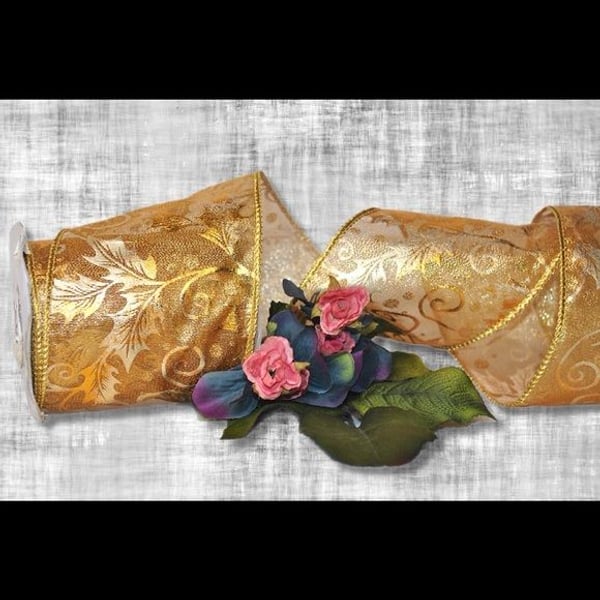 Sheer gold ribbon with floral design