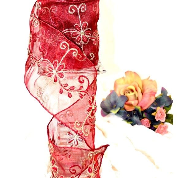 NWOT beautiful embroidered red wired ribbon with floral design in ivory 1
