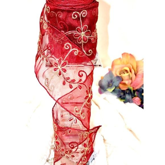 NWOT beautiful embroidered red wired ribbon with floral design in ivory 5