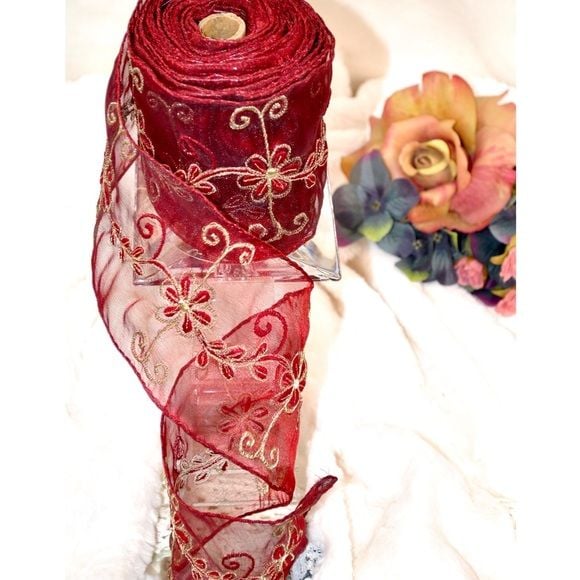 NWOT beautiful embroidered red wired ribbon with floral design in ivory 6